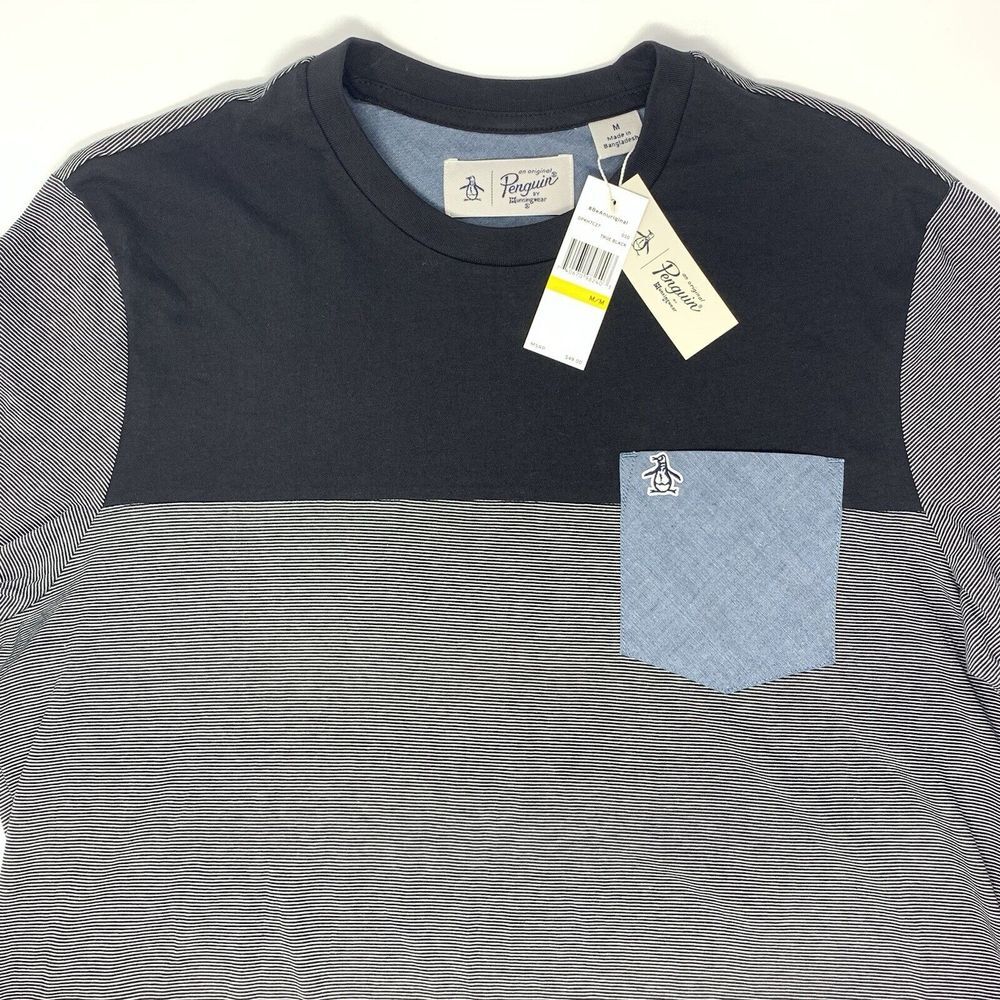 Original Penguin True Black Stripe Mens‎ Short Sleeve T-Shirt w/ Pocket Size Med